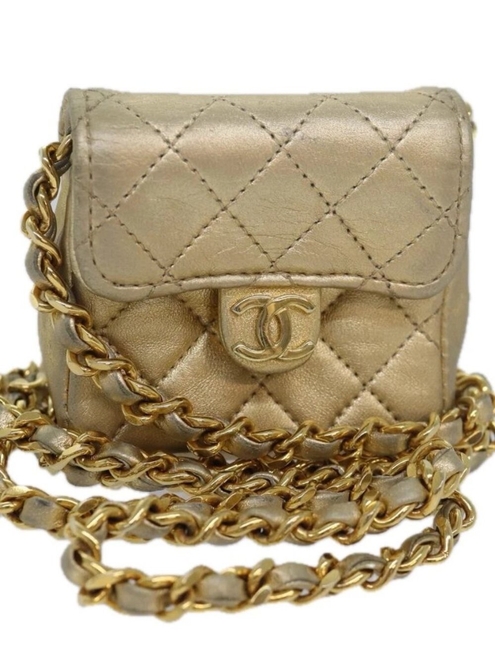 CHANEL Mini Matelasse Chain Shoulder Bag Lamb Skin Gold Tone CC Auth 84205V